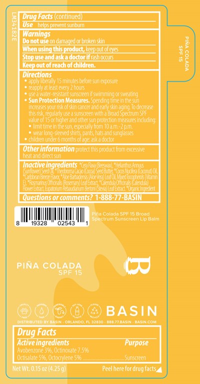 LM34182E Basin Caribbean Breeze SPF 15 Broad Spectrum 2025-1-27 OL.jpg Basin Pina Colada SPF 15 Broad Spectrum Sunscreen Lip Balm 0.15 oz Label Artwork - LM34182E Basin Caribbean Breeze SPF 15 Broad Spectrum 2025 1 27 OL